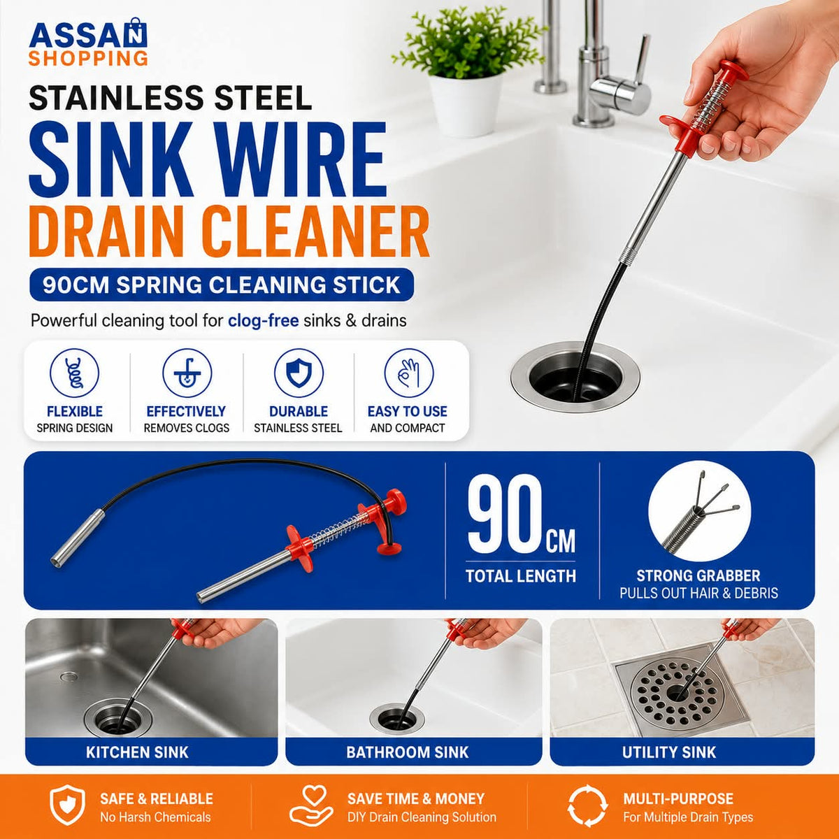 90cm Stainless Steel Drain Cleaning Tool | Sink Drain Cleaner | Flexible Clog Remover